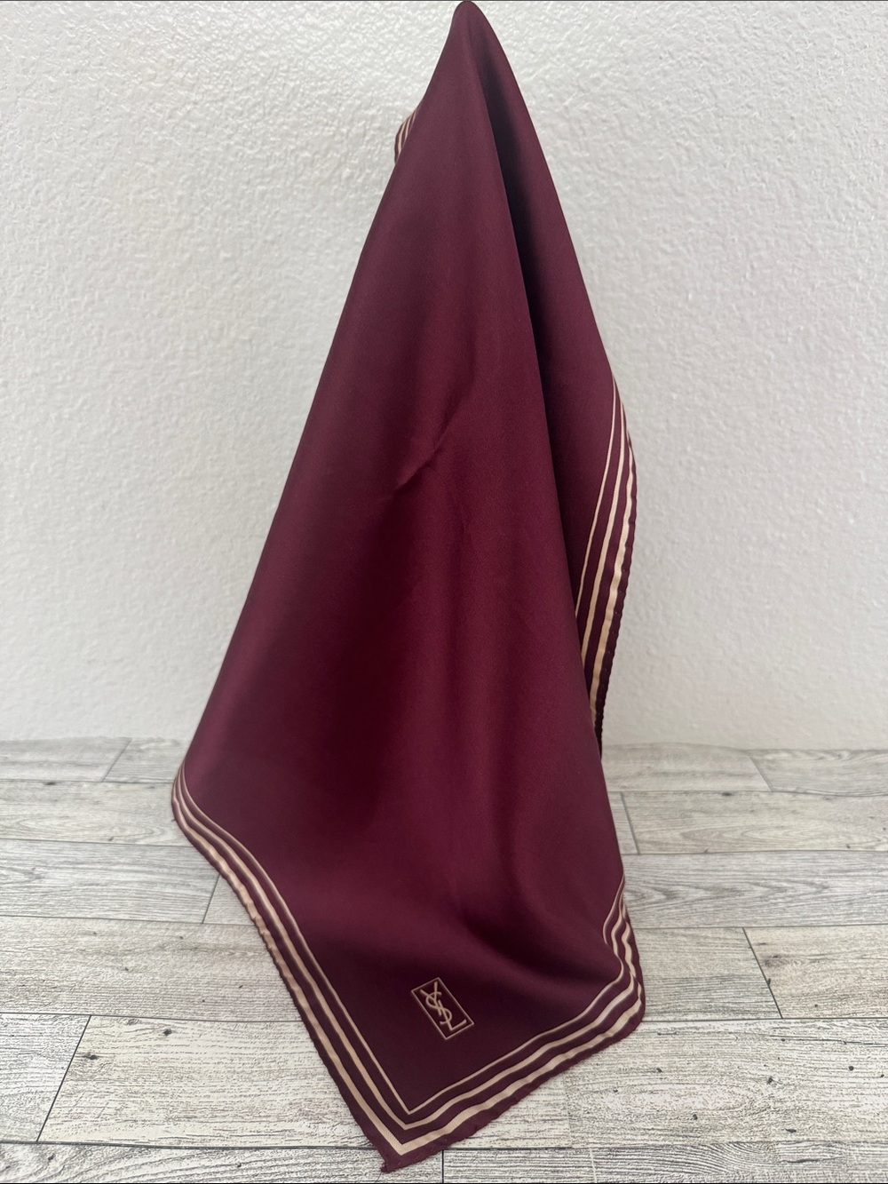 Yves Saint Laurent Burgundy Silk Scarf with Gold Trim